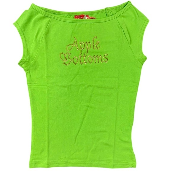Vintage Apple Bottoms Women's Lime Green Rhinestone Logo Cap Sleeve Size Med NEW - Picture 2 of 6